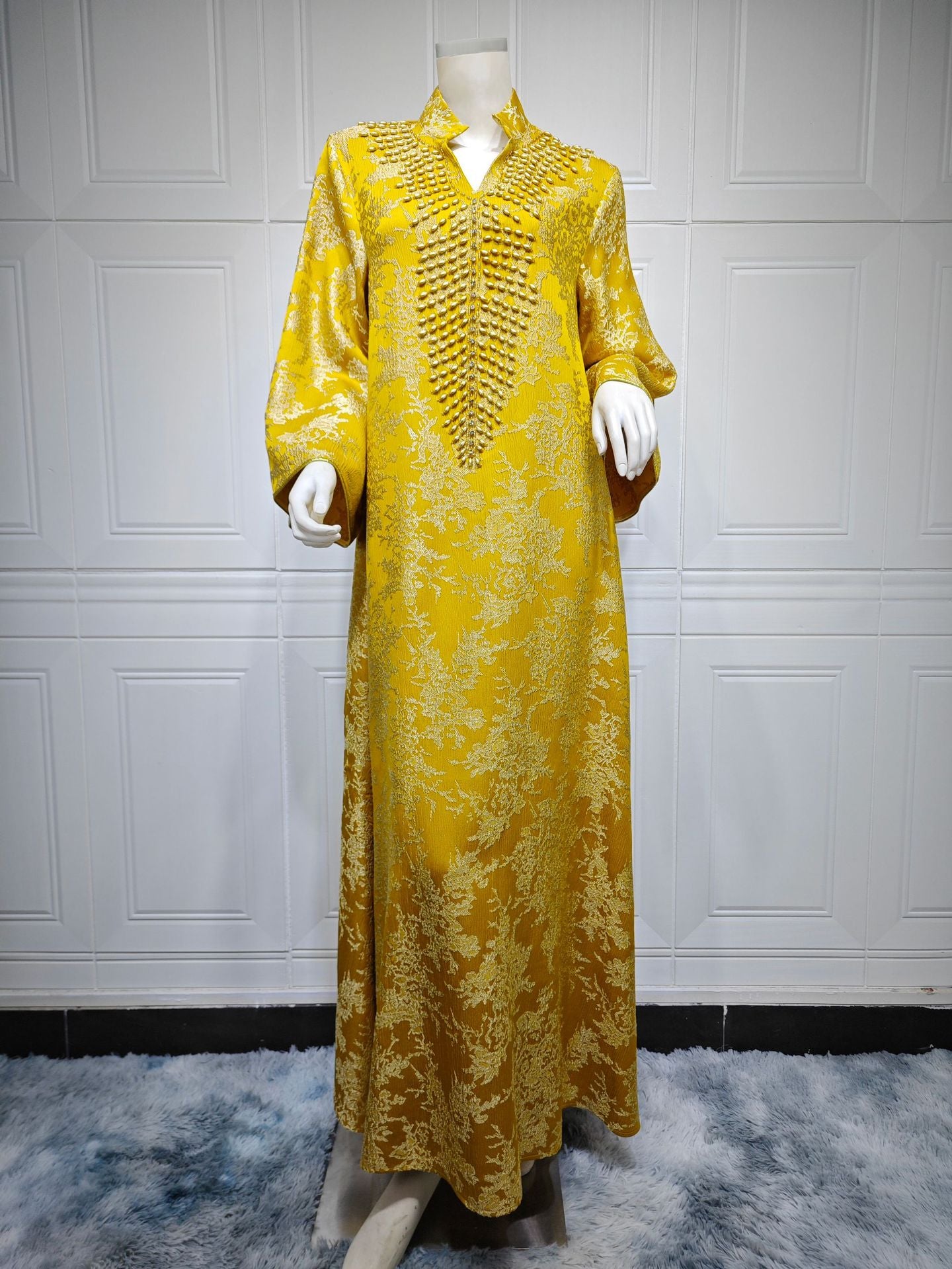 HS6660 Jacquard fabric embroidered beaded robe dress with rich design features