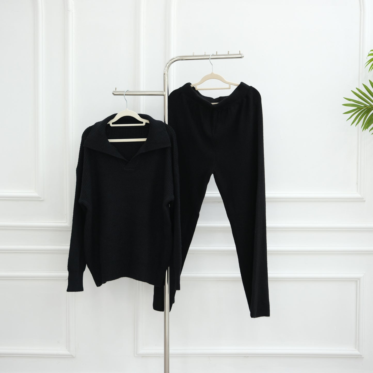 HS6594 Autumn and Winter Thickened Knitted Suit | Simple Solid Color Two-piece Suit