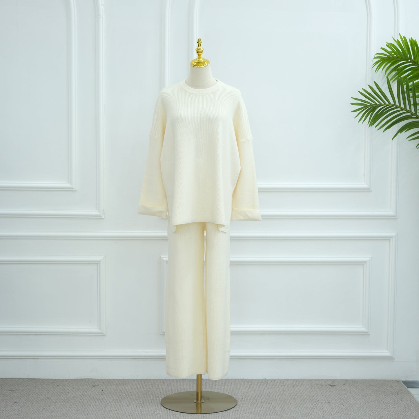 HS6599 Autumn and Winter Thickened Knitted Suit Solid Color Two-piece Suit (excluding Headscarf) Top + Trousers