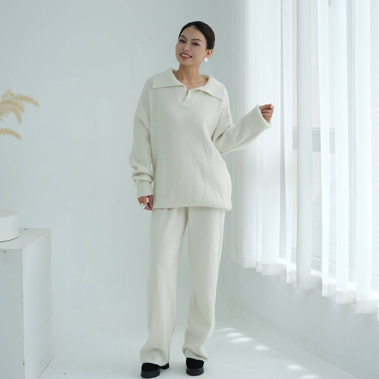 HS6594 Autumn and Winter Thickened Knitted Suit | Simple Solid Color Two-piece Suit