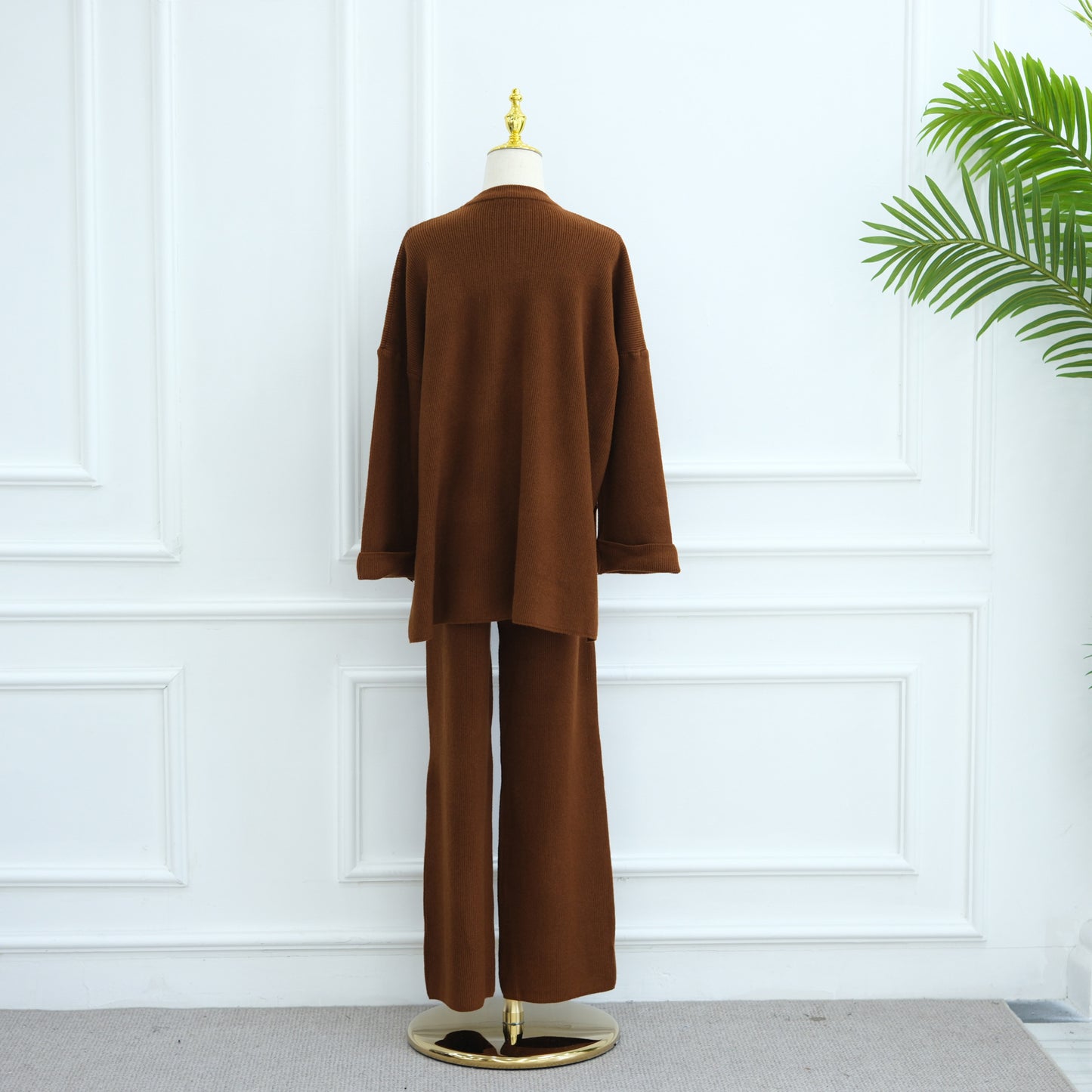 HS6599 Autumn and Winter Thickened Knitted Suit Solid Color Two-piece Suit (excluding Headscarf) Top + Trousers