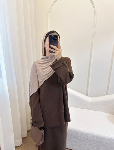 HS6597 Autumn and winter thickened knitted suit solid color two-piece suit (excluding headscarf) top + skirt