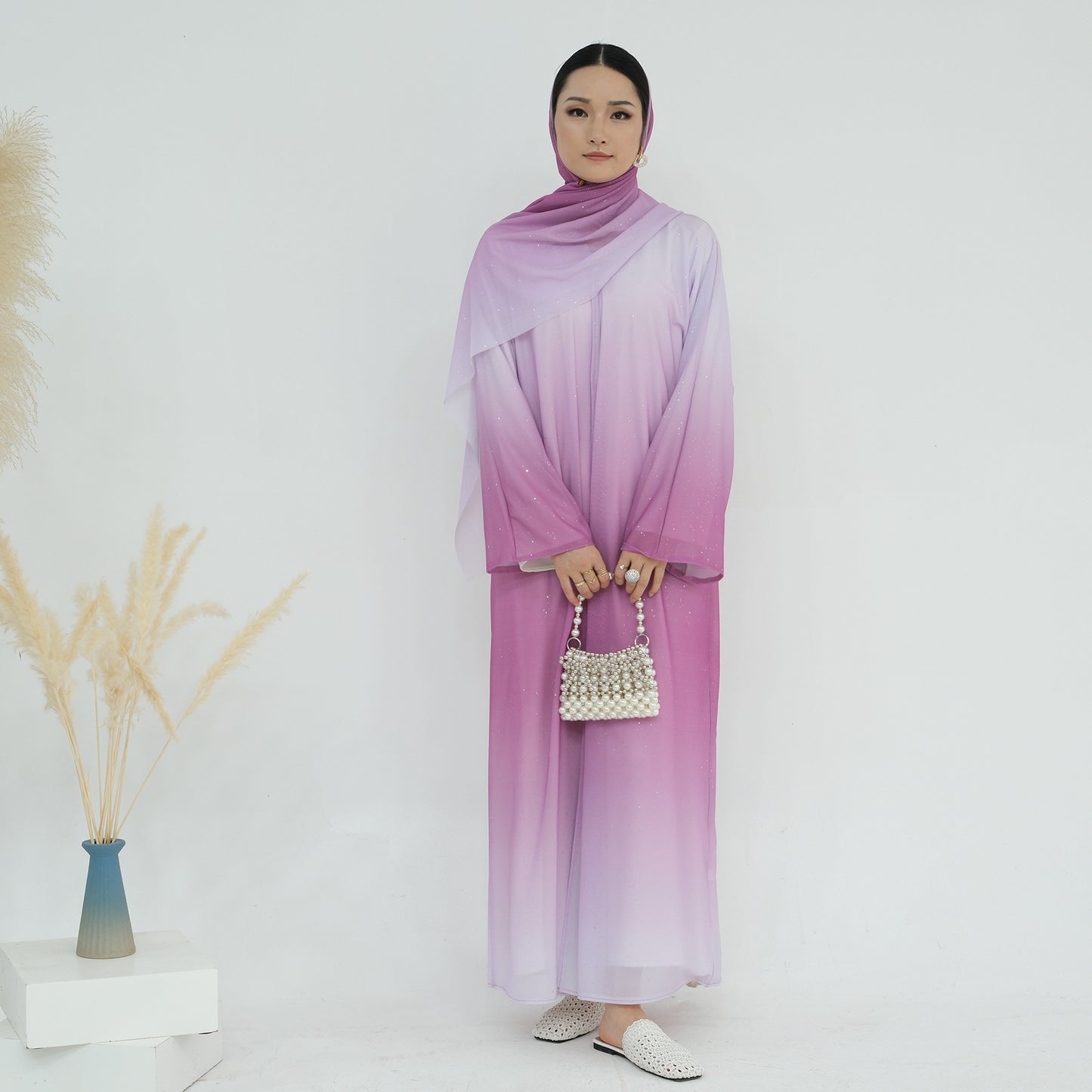 HS6617 Gradient Color Long Cardigan Two-Piece Set (Including Headscarf)