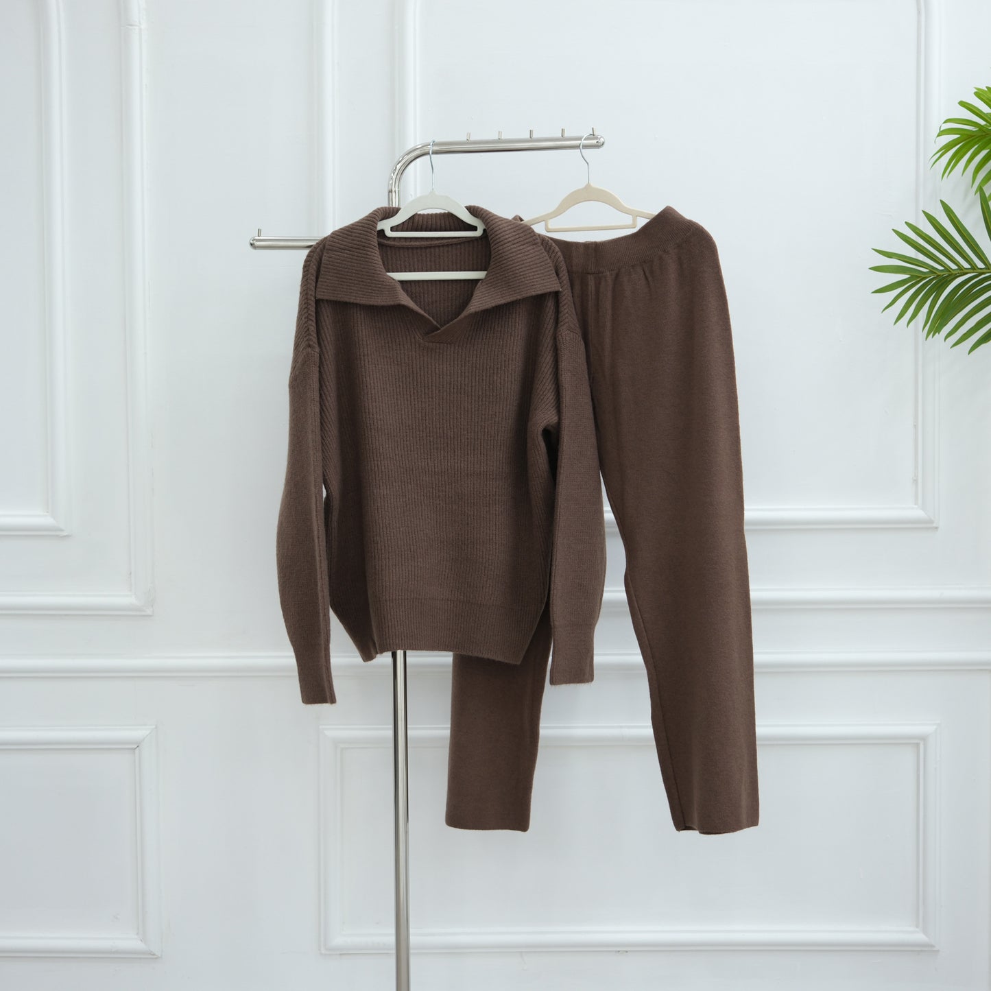 HS6594 Autumn and Winter Thickened Knitted Suit | Simple Solid Color Two-piece Suit