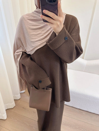 HS6597 Autumn and winter thickened knitted suit solid color two-piece suit (excluding headscarf) top + skirt