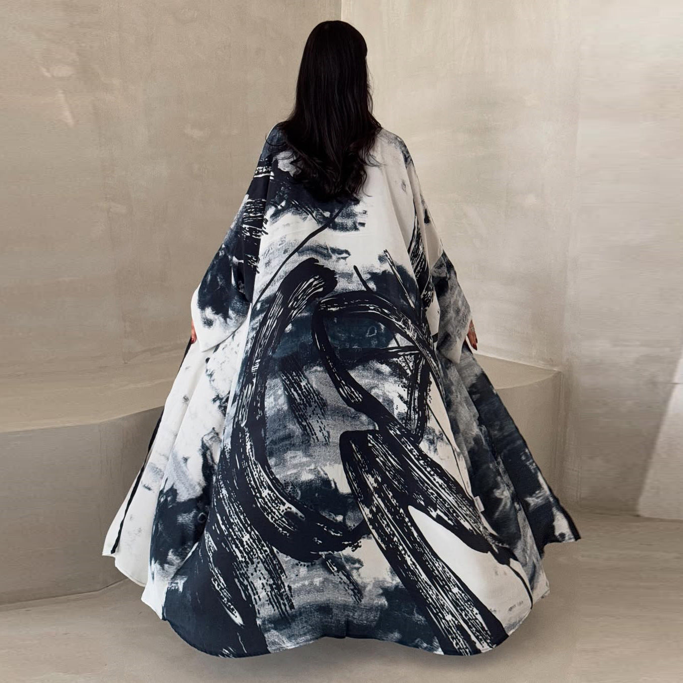 HS6638 Chiffon Printed Cardigan Two-piece Long Coat with Headscarf