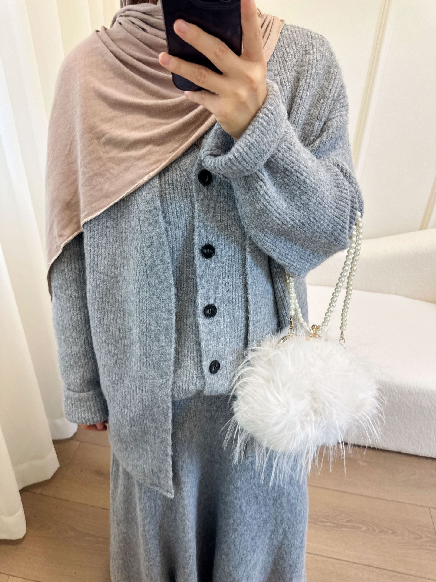 HS6596 Autumn and winter thickened knitted three-piece suit (excluding headscarf) vest + cardigan + skirt