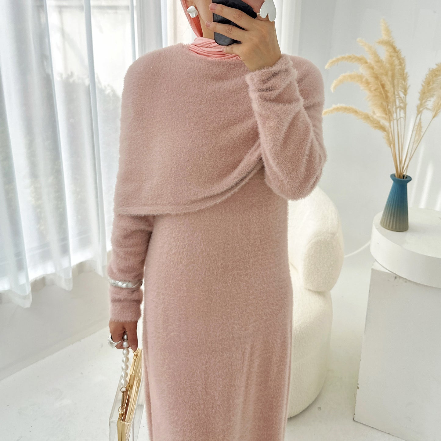 HS6604  Slim-fit Knit Sweater Two-piece Set with Shawl Design (headscarf Optional)