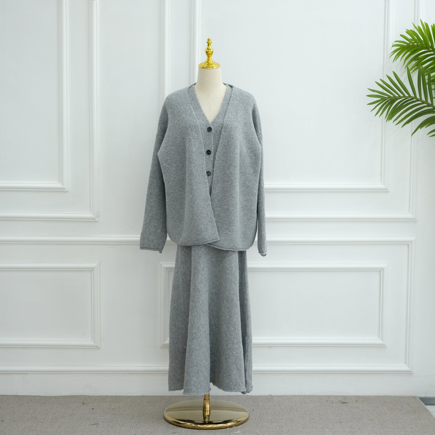 HS6596 Autumn and winter thickened knitted three-piece suit (excluding headscarf) vest + cardigan + skirt