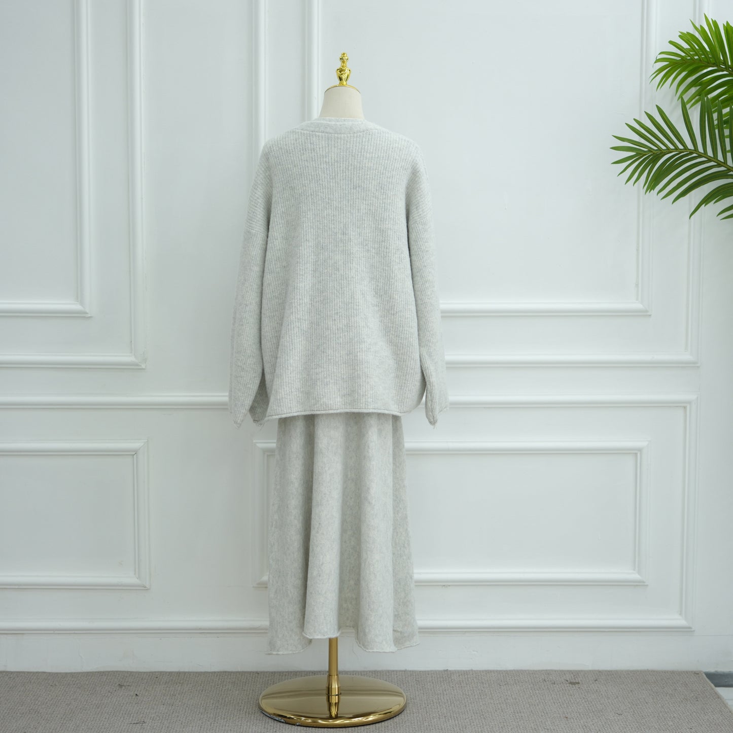HS6596 Autumn and winter thickened knitted three-piece suit (excluding headscarf) vest + cardigan + skirt