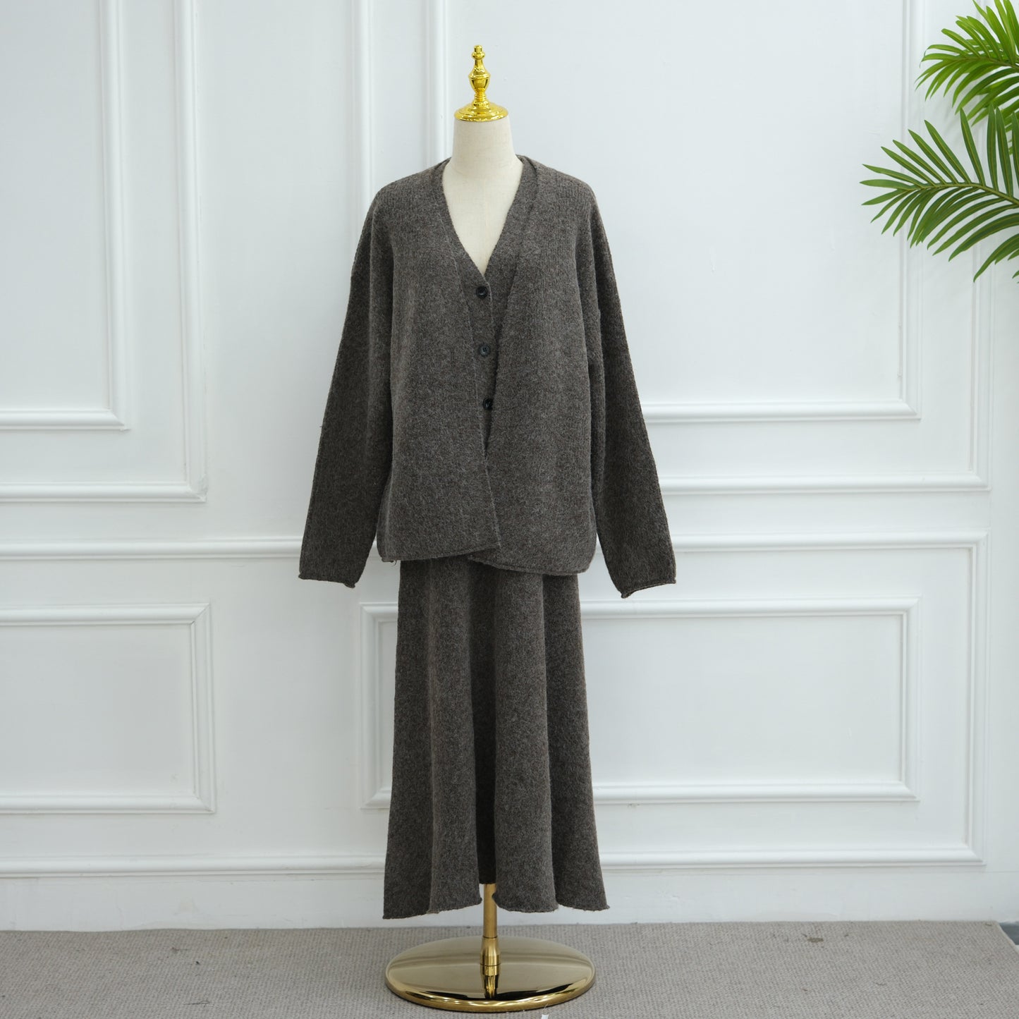 HS6596 Autumn and winter thickened knitted three-piece suit (excluding headscarf) vest + cardigan + skirt