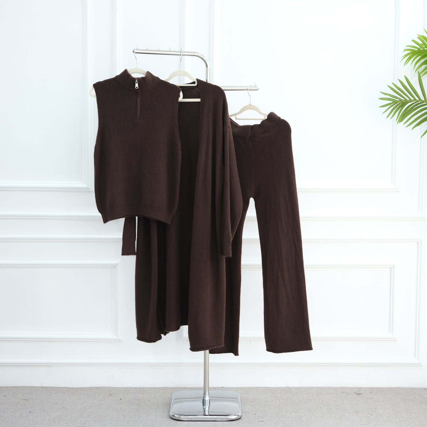 HS6603 Thickened knitted three-piece long coat set (with optional headscarf)