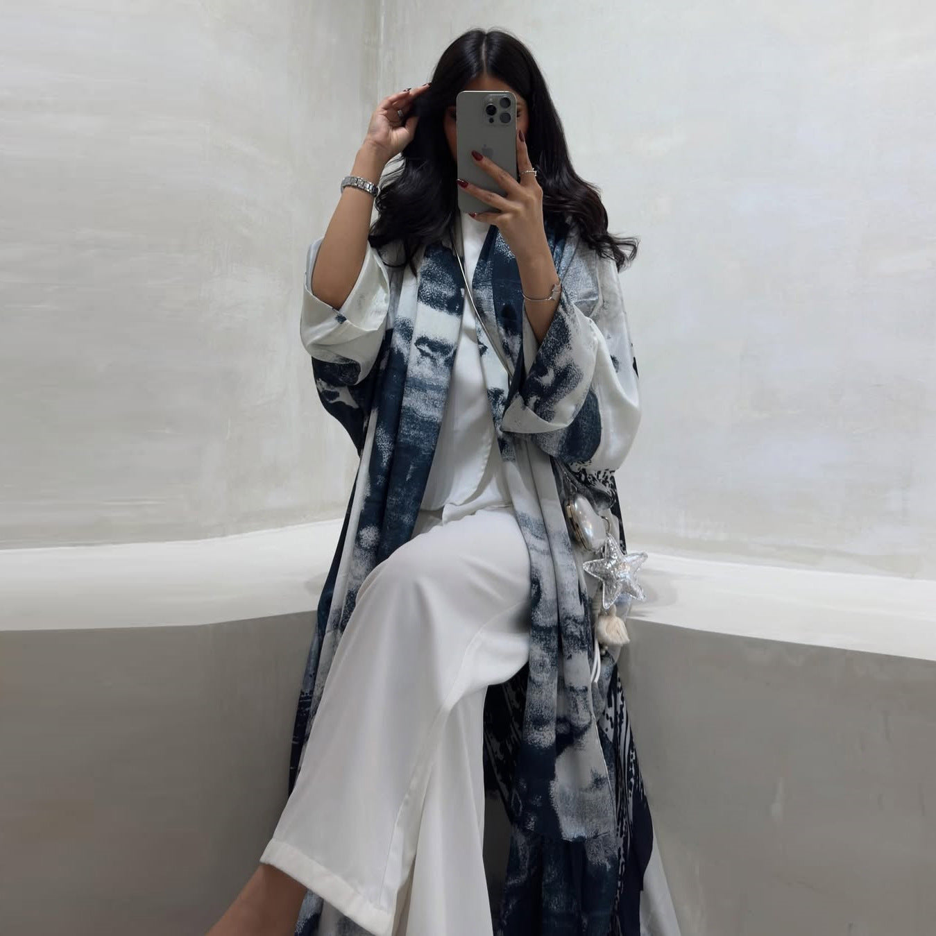 HS6638 Chiffon Printed Cardigan Two-piece Long Coat with Headscarf