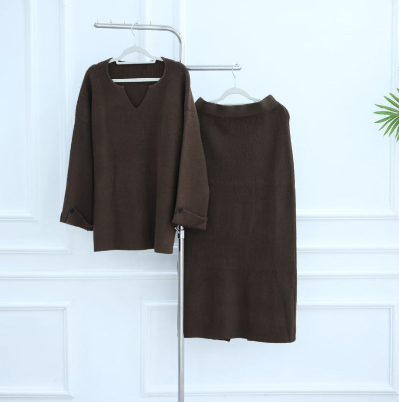 HS6597 Autumn and winter thickened knitted suit solid color two-piece suit (excluding headscarf) top + skirt