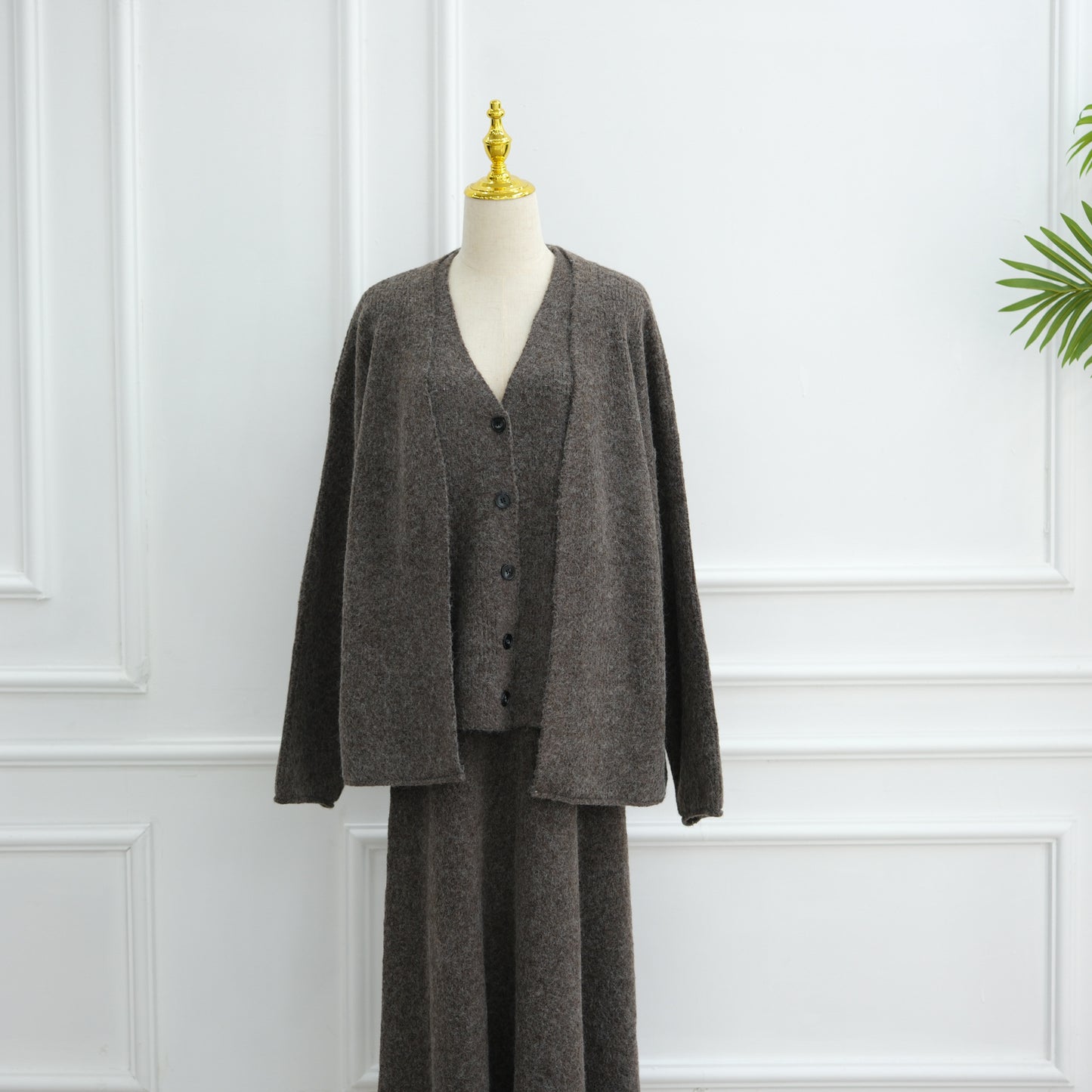 HS6596 Autumn and winter thickened knitted three-piece suit (excluding headscarf) vest + cardigan + skirt