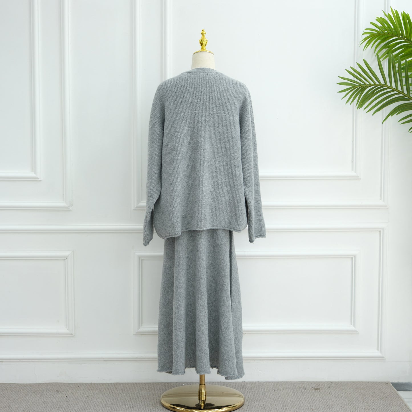 HS6596 Autumn and winter thickened knitted three-piece suit (excluding headscarf) vest + cardigan + skirt