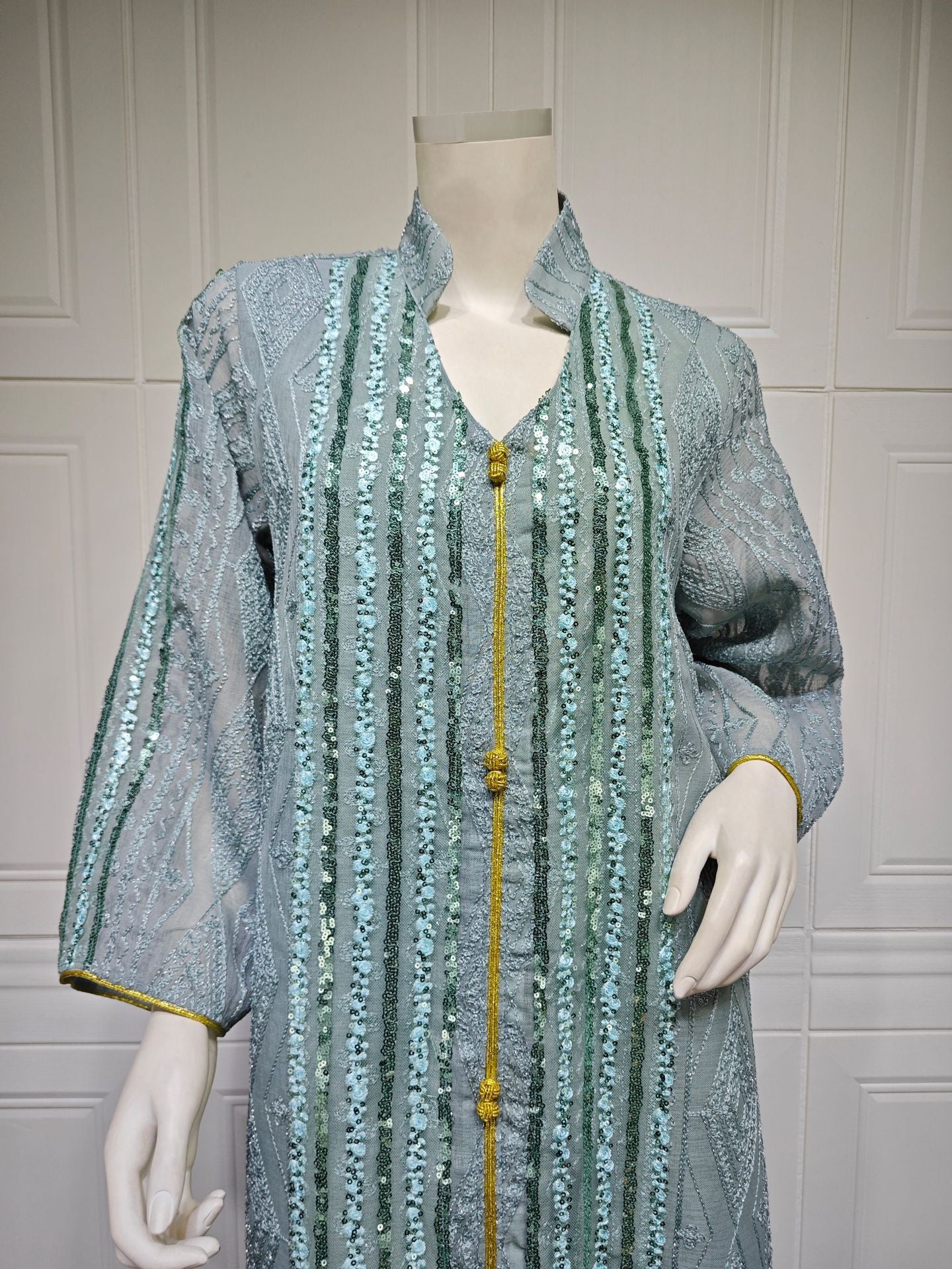HS6662 Mesh embroidery sequin patchwork long-sleeved dress, loose robe style