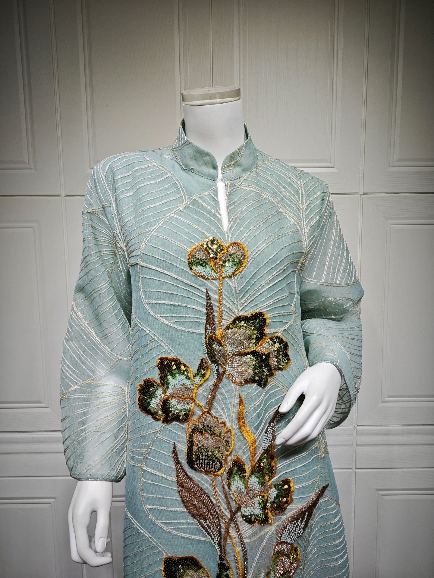 HS6657 Women's Long Robe Dress with Mesh Embroidery