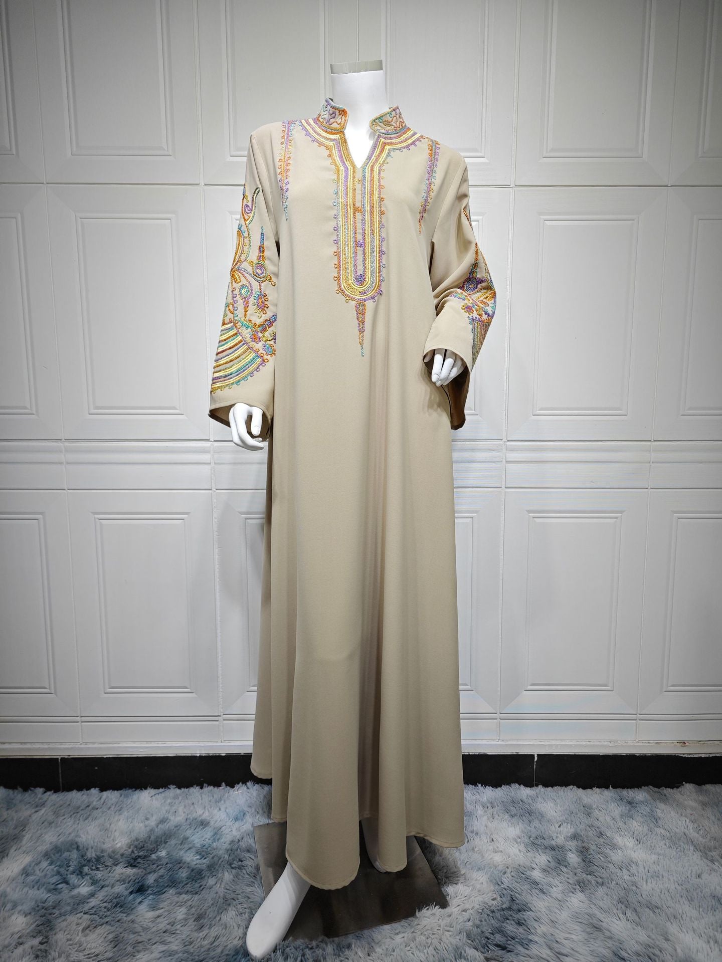 HS6661 Rope Embroidery Pullover Robe Dress, Long Sleeves, Loose Fit.