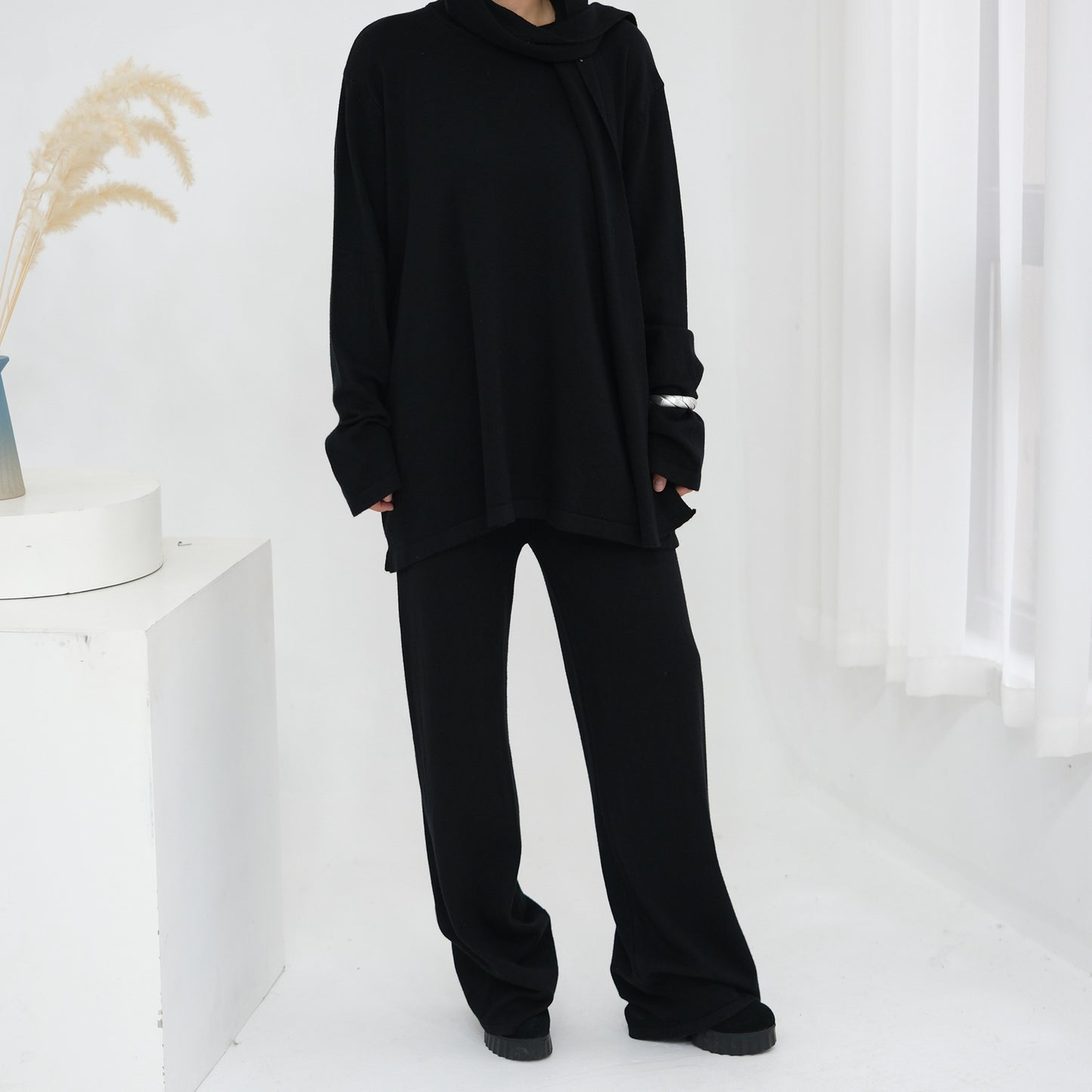 HS6593 Soft knitted home set | Simple solid color two-piece set