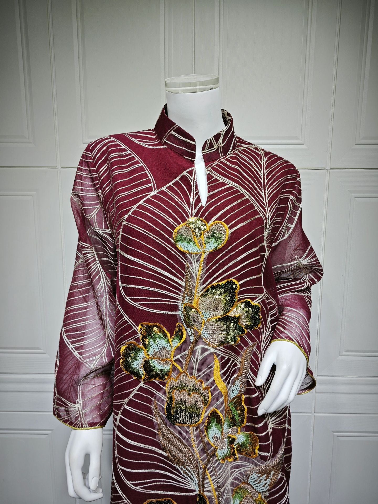 HS6657 Women's Long Robe Dress with Mesh Embroidery