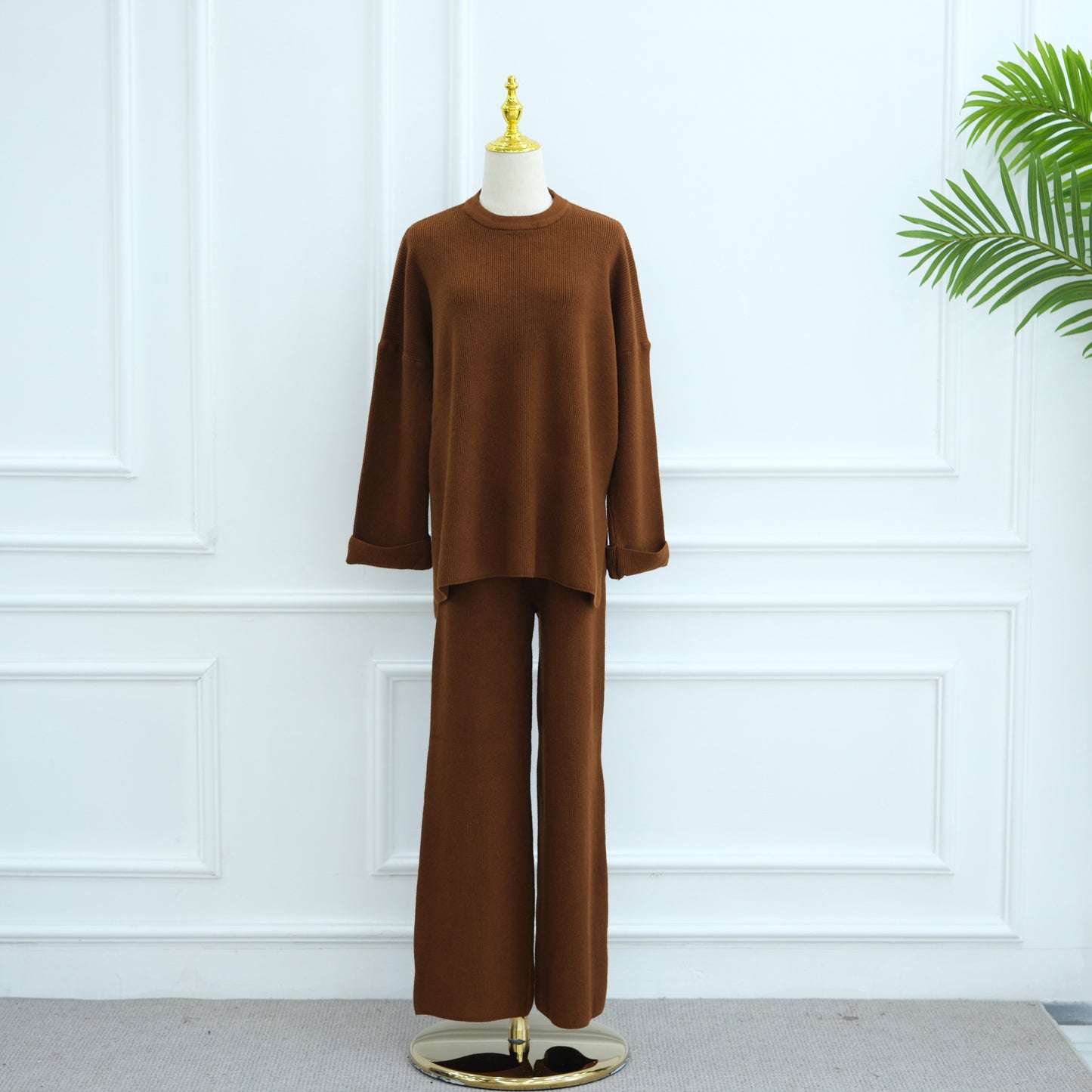 HS6599 Autumn and Winter Thickened Knitted Suit Solid Color Two-piece Suit (excluding Headscarf) Top + Trousers