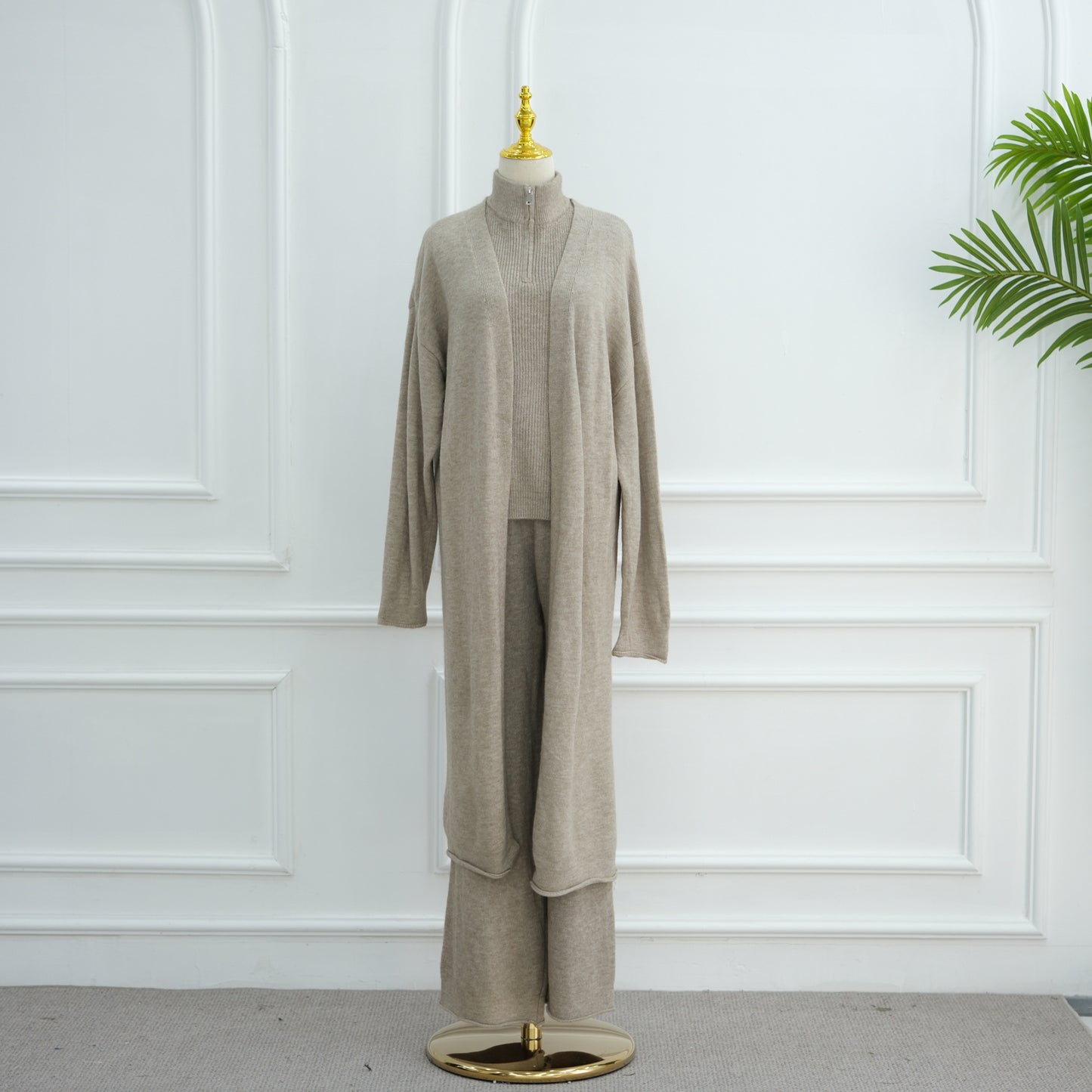 HS6603 Thickened knitted three-piece long coat set (with optional headscarf)
