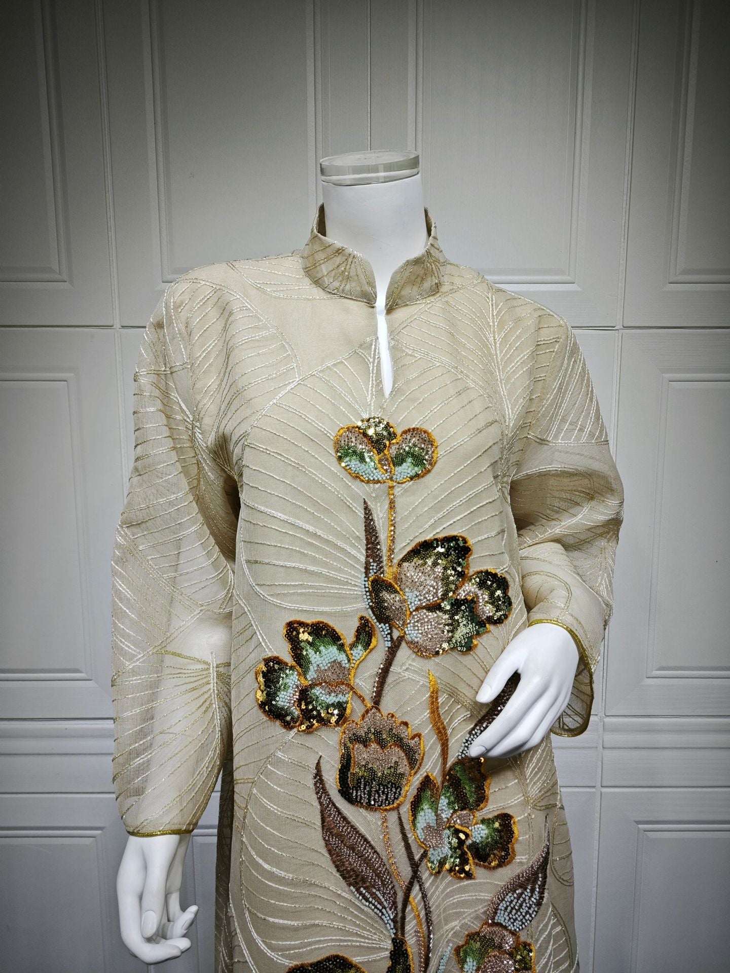 HS6657 Women's Long Robe Dress with Mesh Embroidery