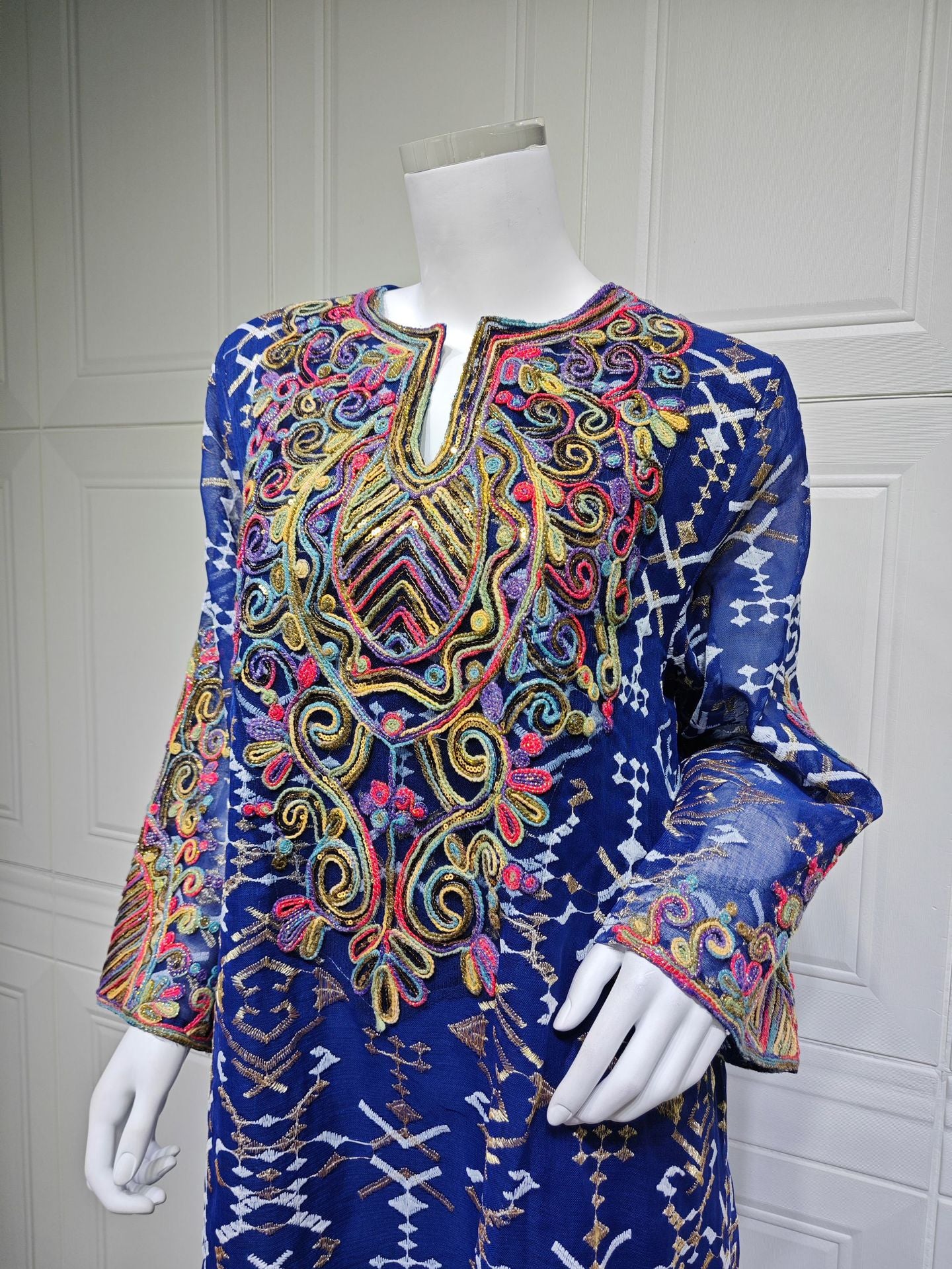 HS6663 Mesh Embroidery Patchwork Long-sleeved Dress, Robe-style Loose Fit