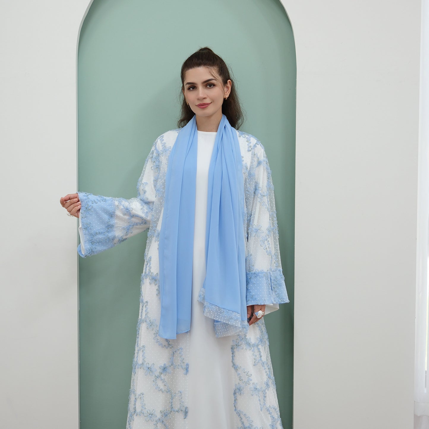 HS6622 3D flower mesh cardigan (optional headscarf and inner layer)