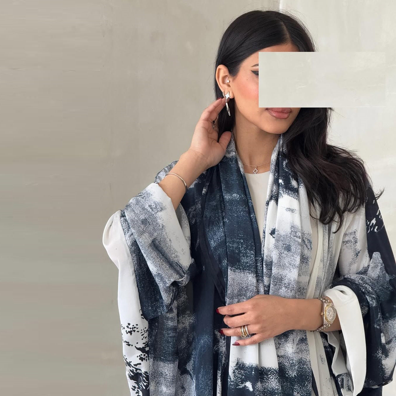 HS6638 Chiffon Printed Cardigan Two-piece Long Coat with Headscarf