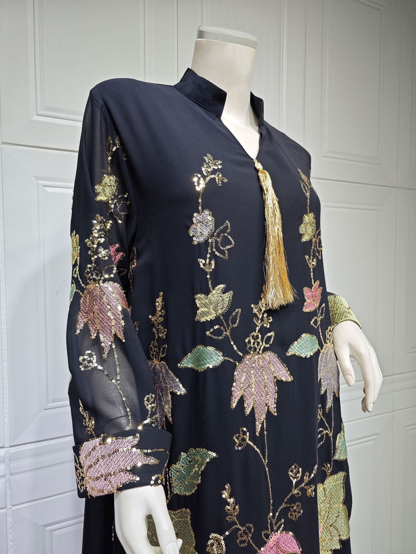 HS6649 Sequined Embroidered Tassel Long Robe, Elegant and Sophisticated Dress