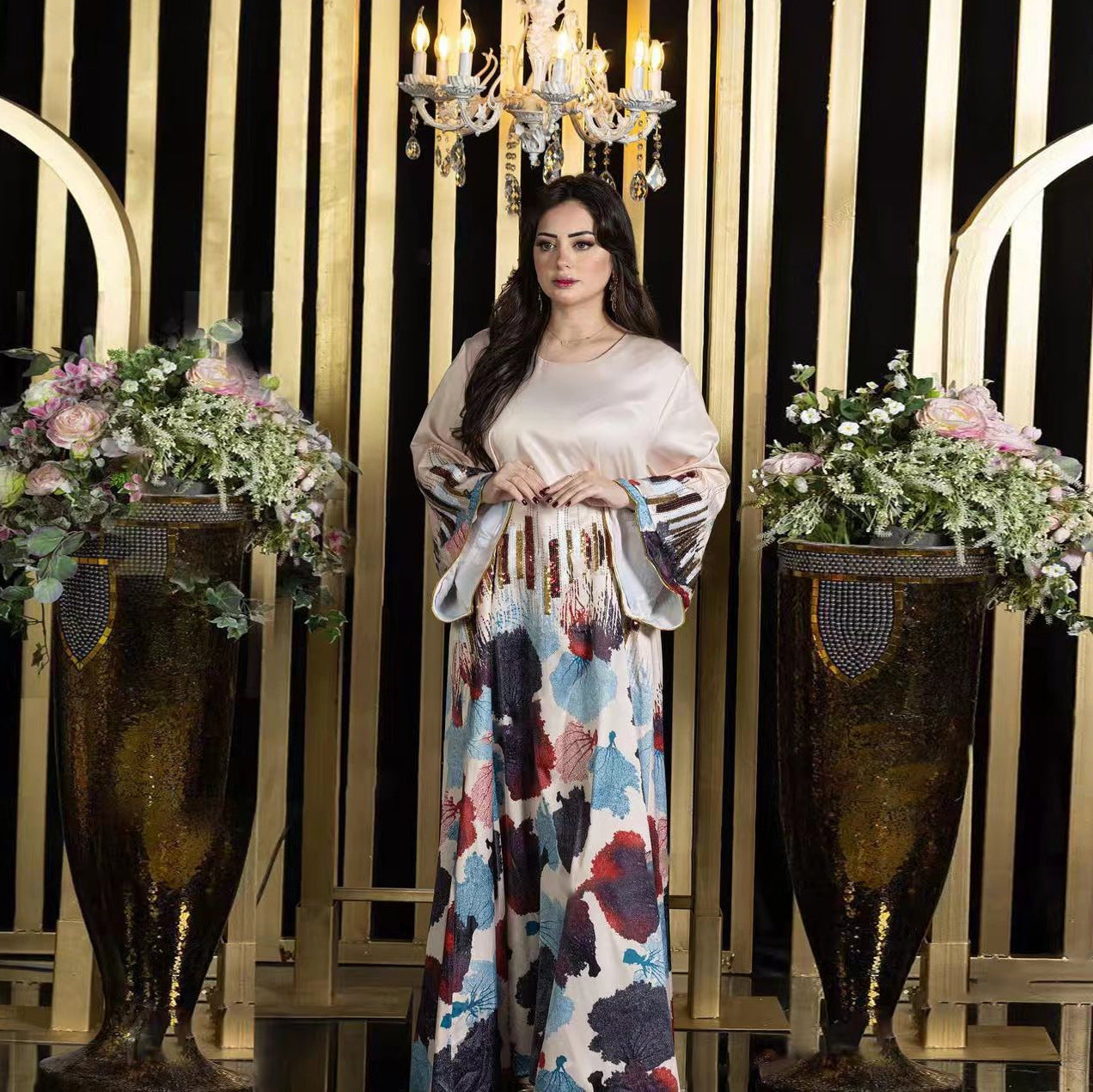 HS6665 Sequined, loose-fitting long dress with print and sequin design.