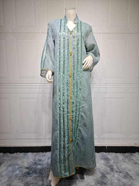 HS6662 Mesh embroidery sequin patchwork long-sleeved dress, loose robe style