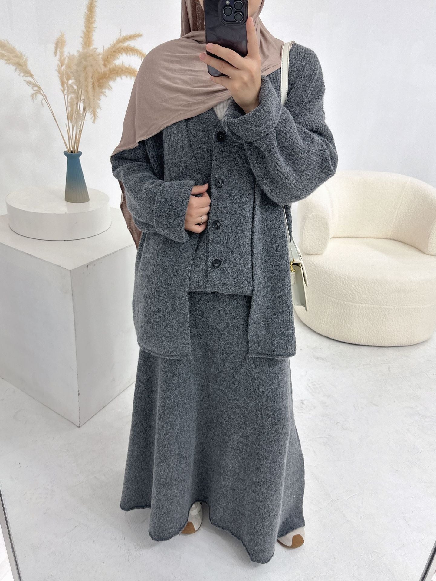 HS6596 Autumn and winter thickened knitted three-piece suit (excluding headscarf) vest + cardigan + skirt