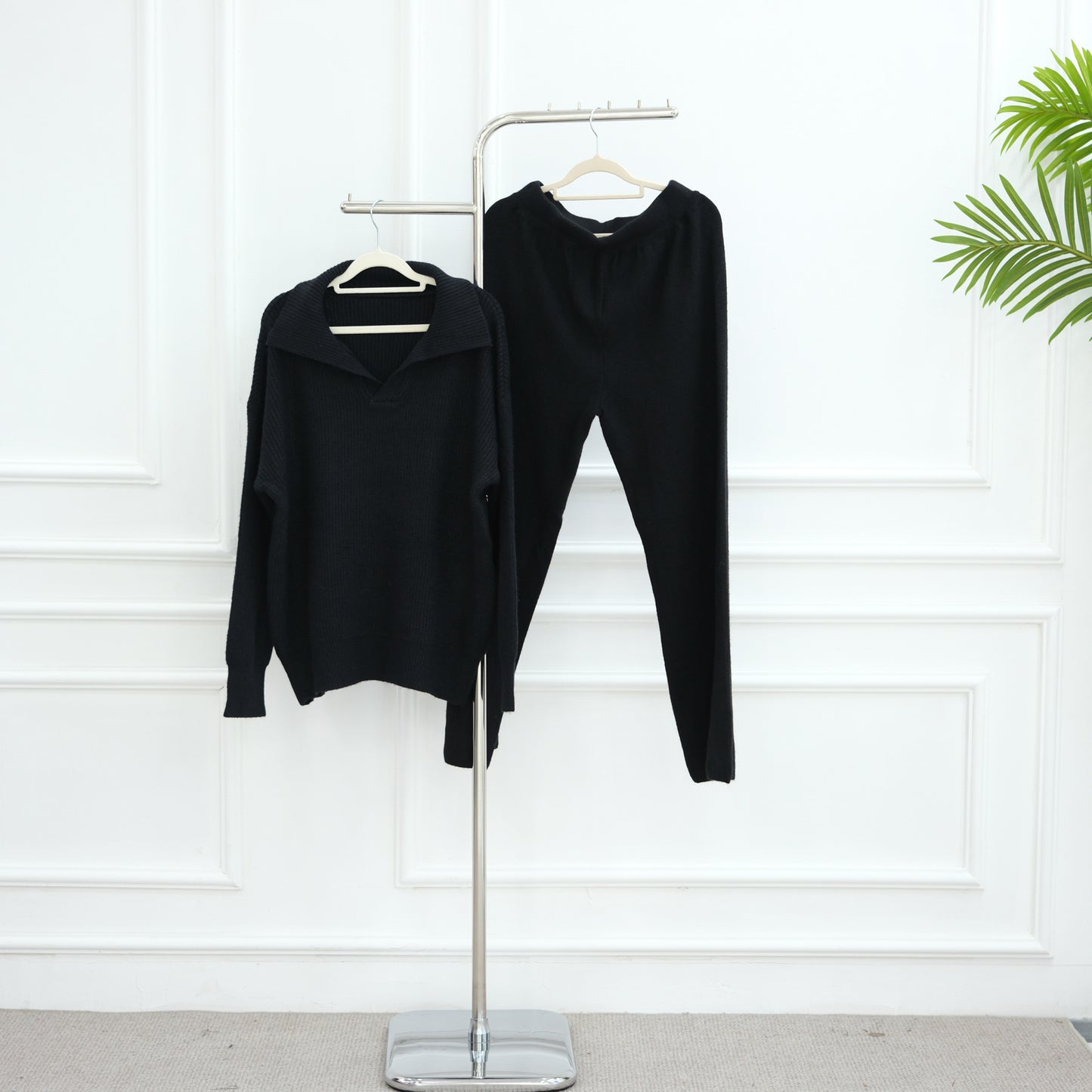 HS6594 Autumn and Winter Thickened Knitted Suit | Simple Solid Color Two-piece Suit