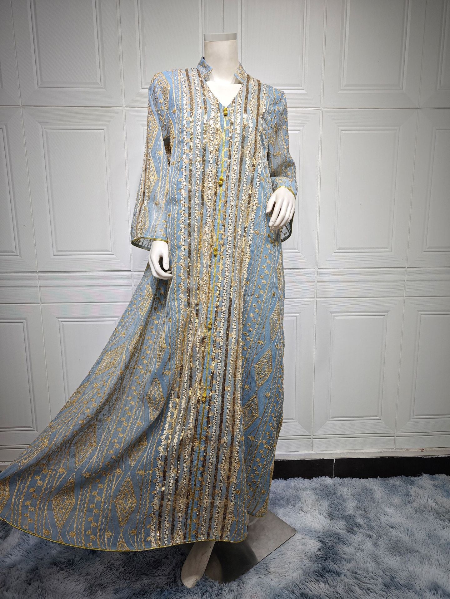 HS6662 Mesh embroidery sequin patchwork long-sleeved dress, loose robe style