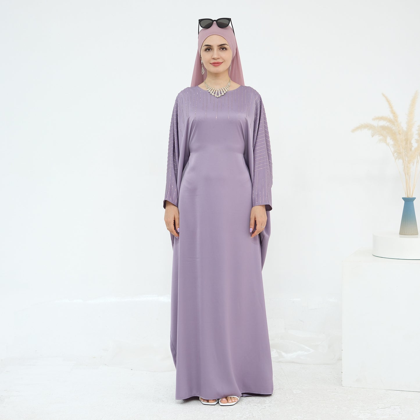 HS6610 Rhinestone-embellished long Abaya dress (headscarf not included)