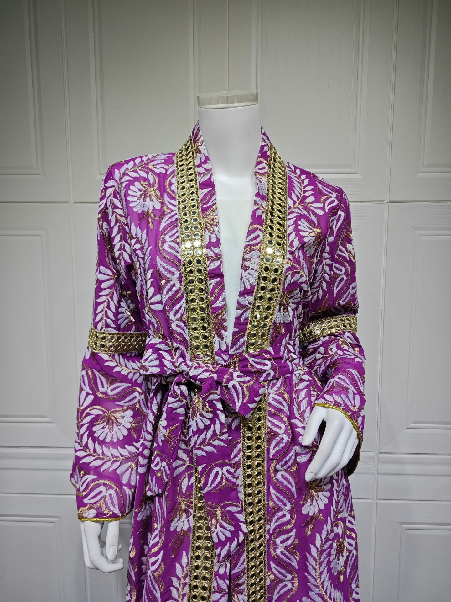 HS6664 Waist-cinching belted long dress set with lightweight printed jacket