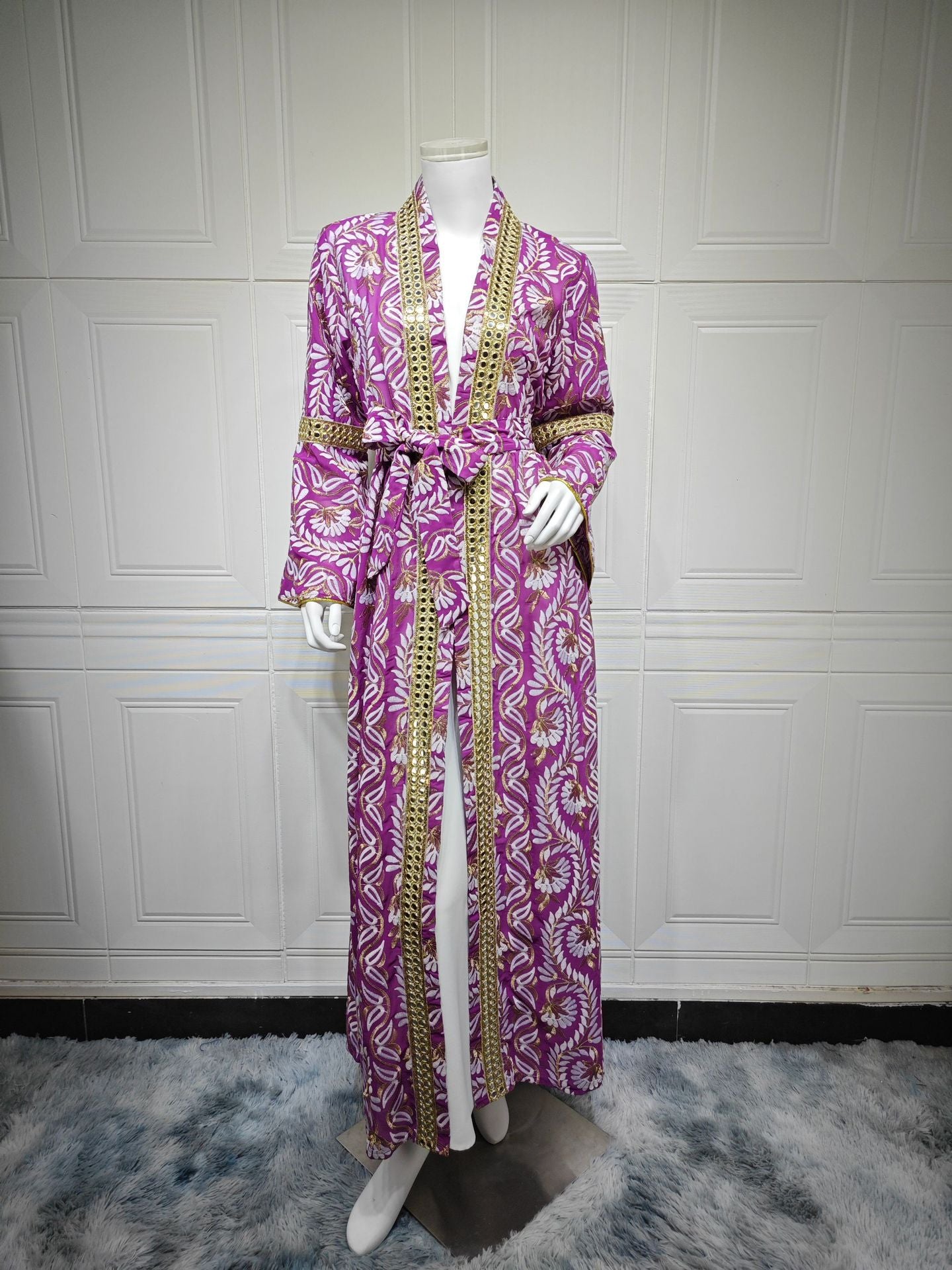 HS6664 Waist-cinching belted long dress set with lightweight printed jacket