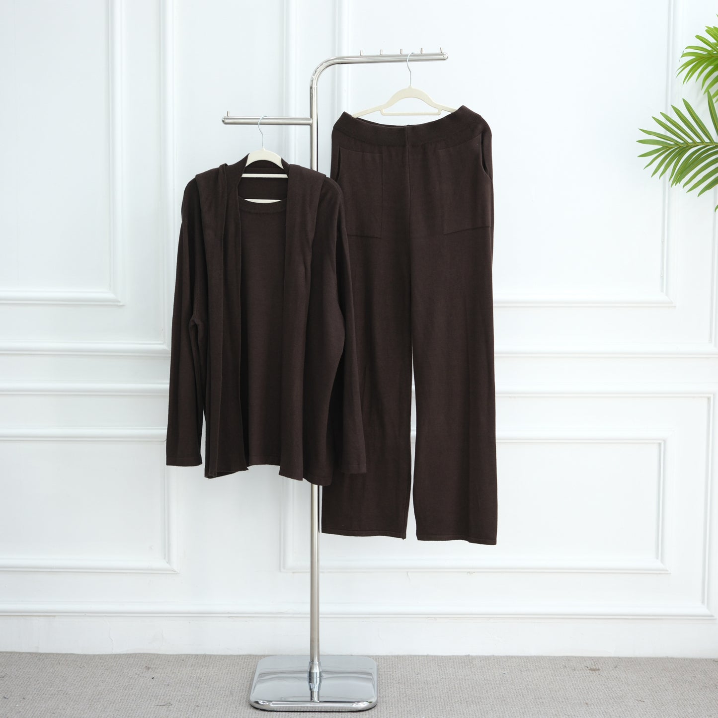 HS6593 Soft knitted home set | Simple solid color two-piece set