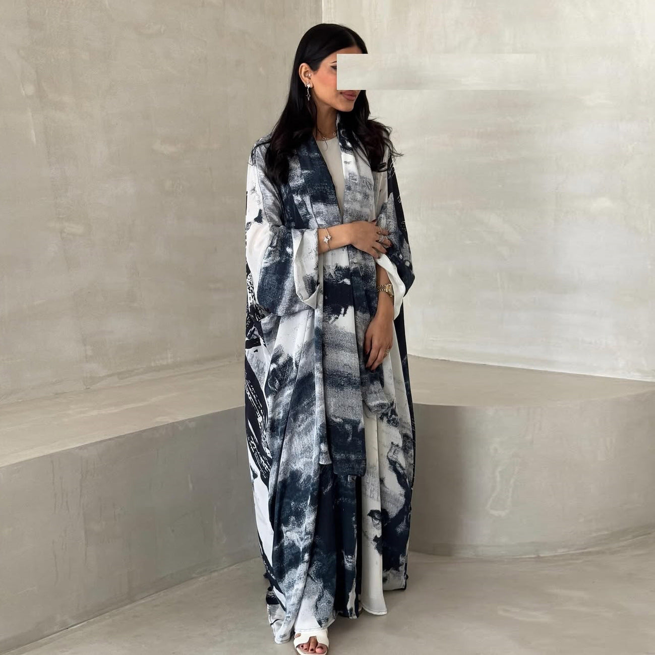 HS6638 Chiffon Printed Cardigan Two-piece Long Coat with Headscarf