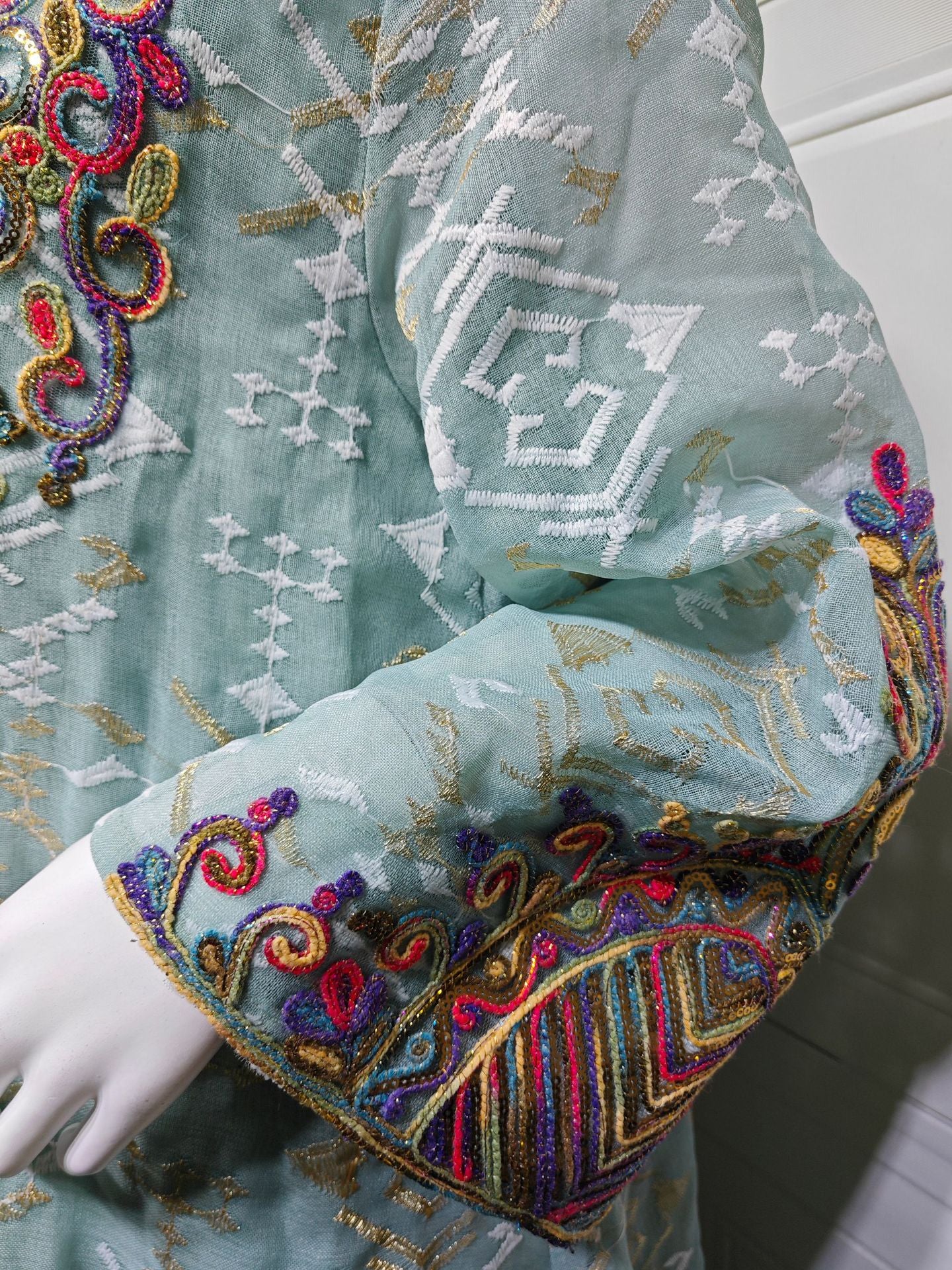 HS6663 Mesh Embroidery Patchwork Long-sleeved Dress, Robe-style Loose Fit