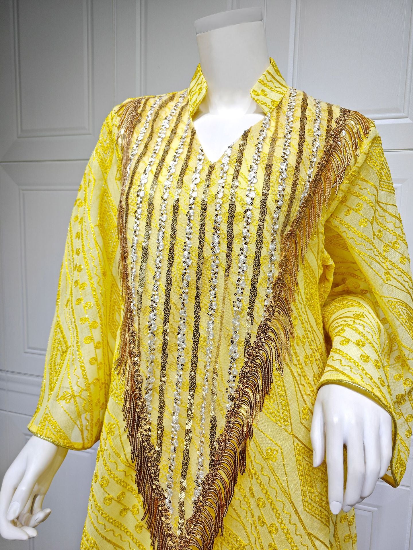 HS6648 A long robe with mesh sequins and embroidered details; an elegant and sophisticated dress.