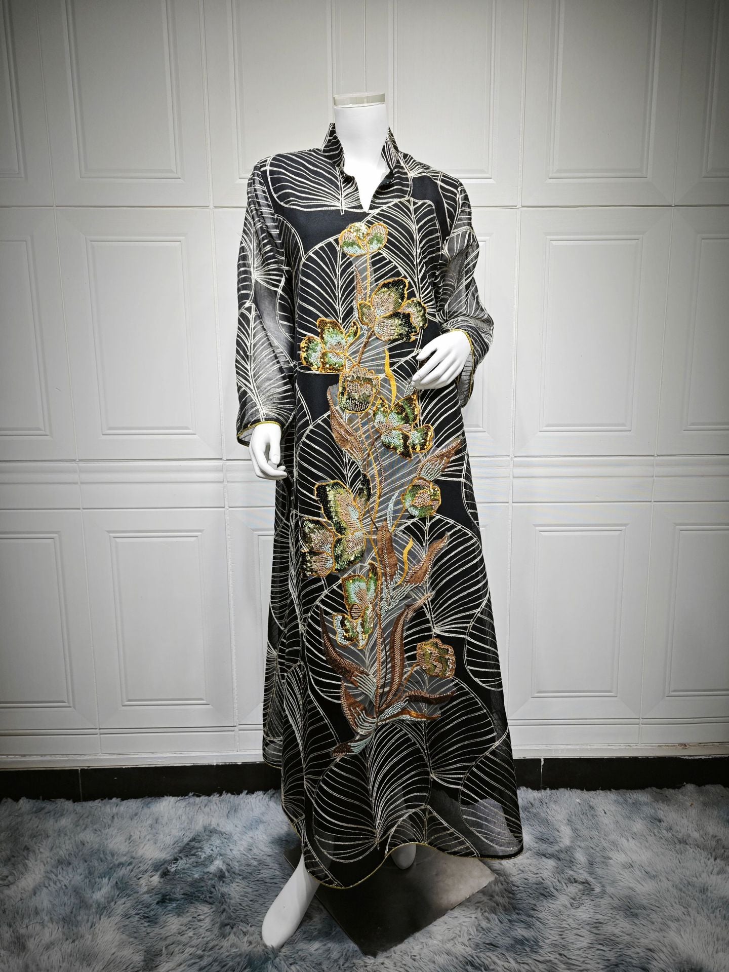 HS6657 Women's Long Robe Dress with Mesh Embroidery