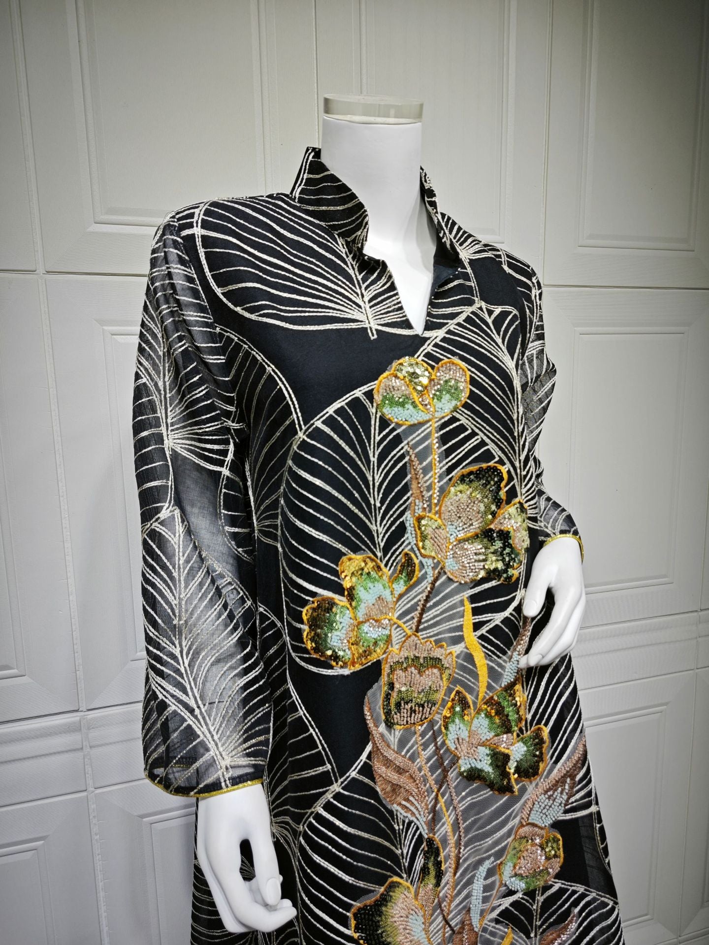 HS6657 Women's Long Robe Dress with Mesh Embroidery