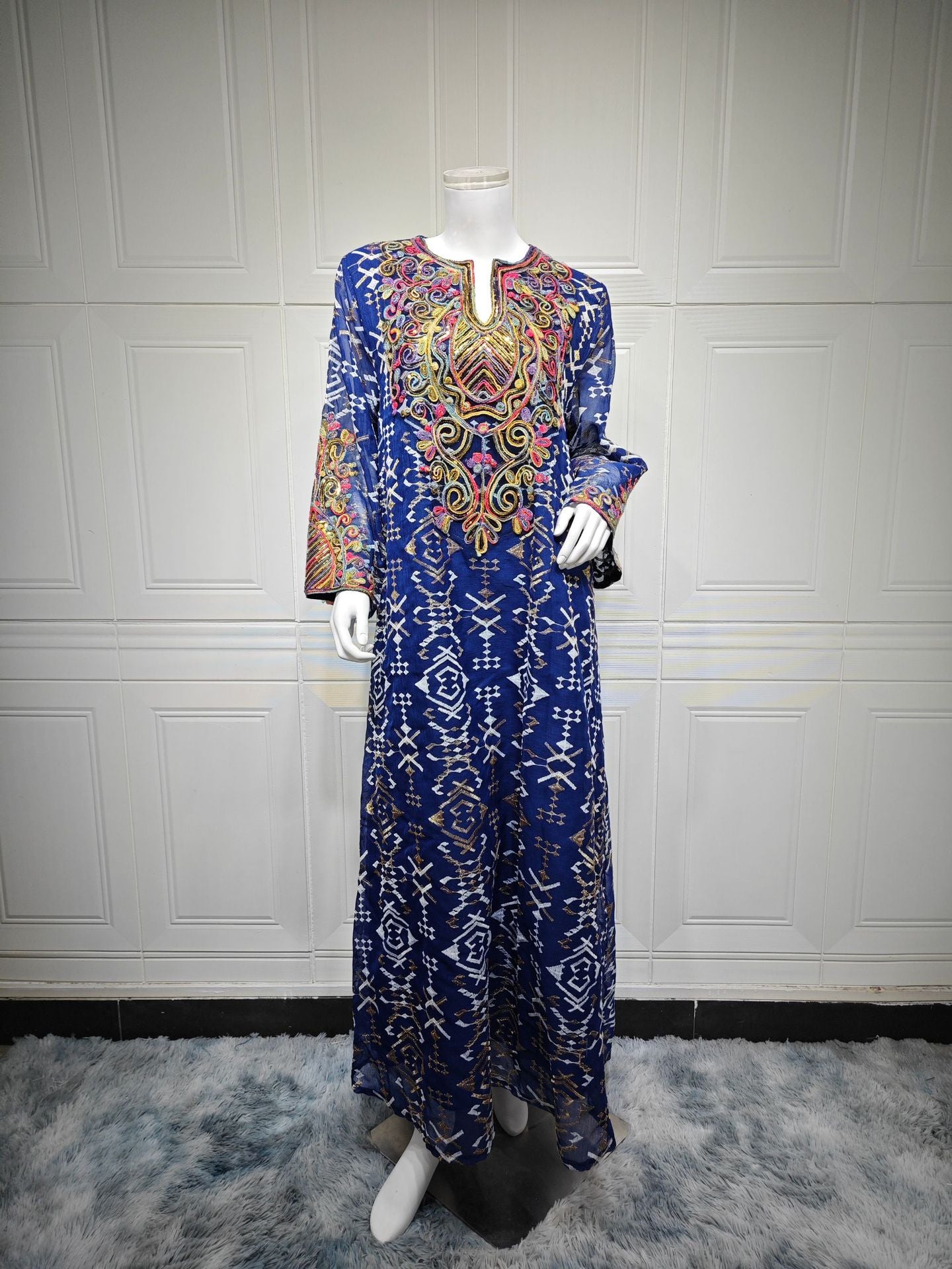 HS6663 Mesh Embroidery Patchwork Long-sleeved Dress, Robe-style Loose Fit