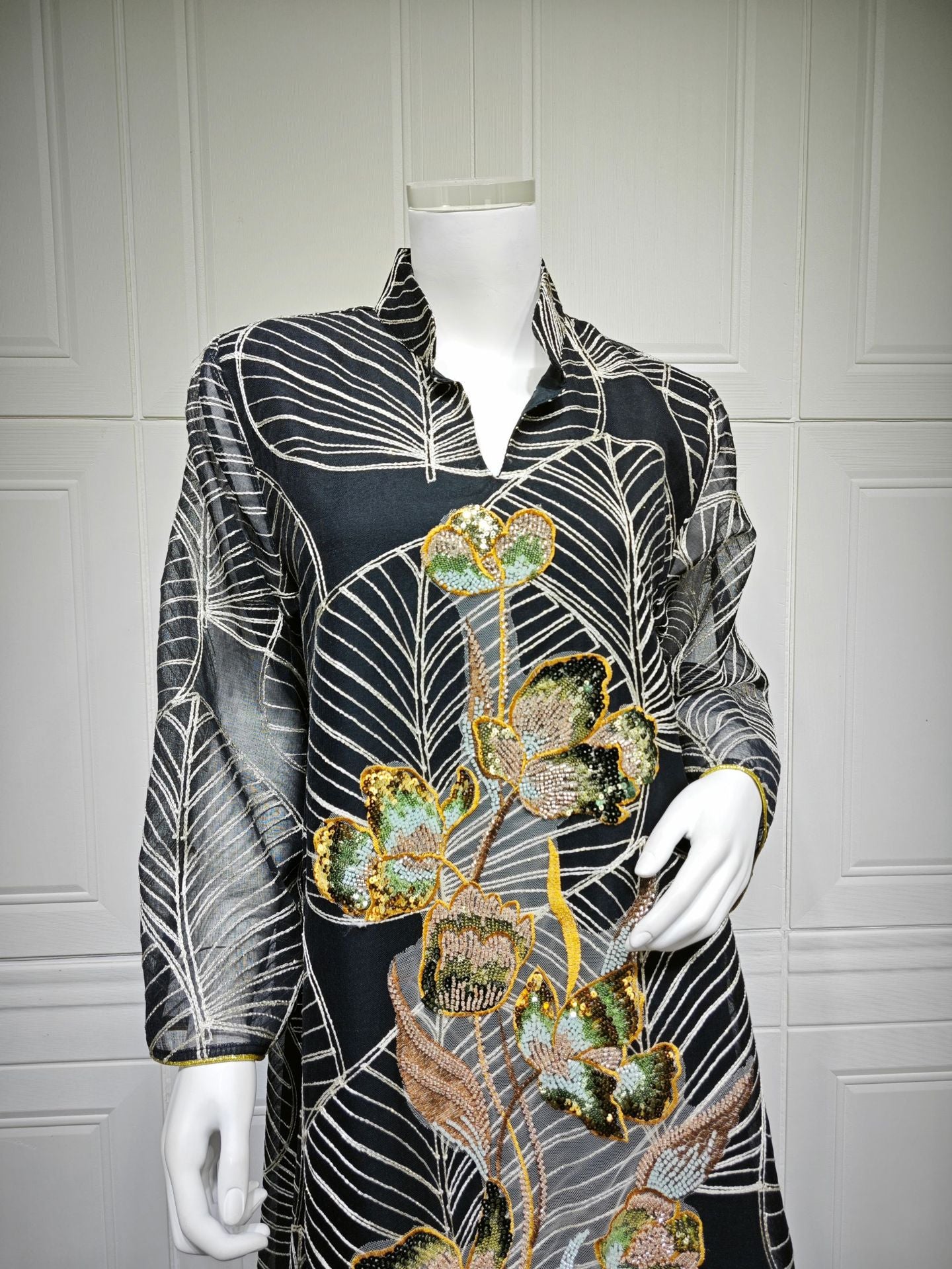 HS6657 Women's Long Robe Dress with Mesh Embroidery