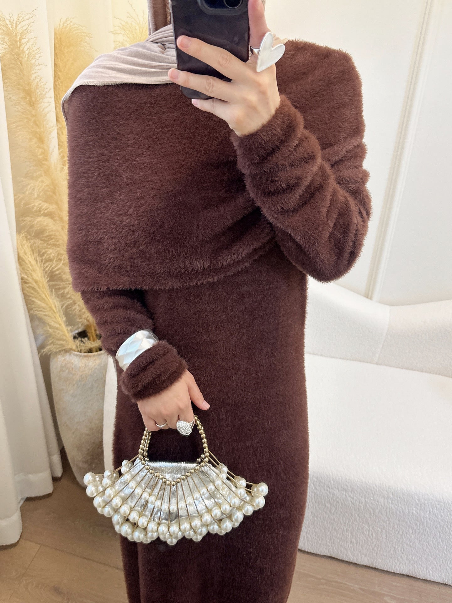 HS6604  Slim-fit Knit Sweater Two-piece Set with Shawl Design (headscarf Optional)