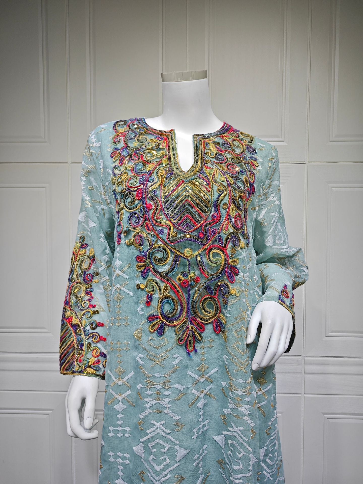 HS6663 Mesh Embroidery Patchwork Long-sleeved Dress, Robe-style Loose Fit